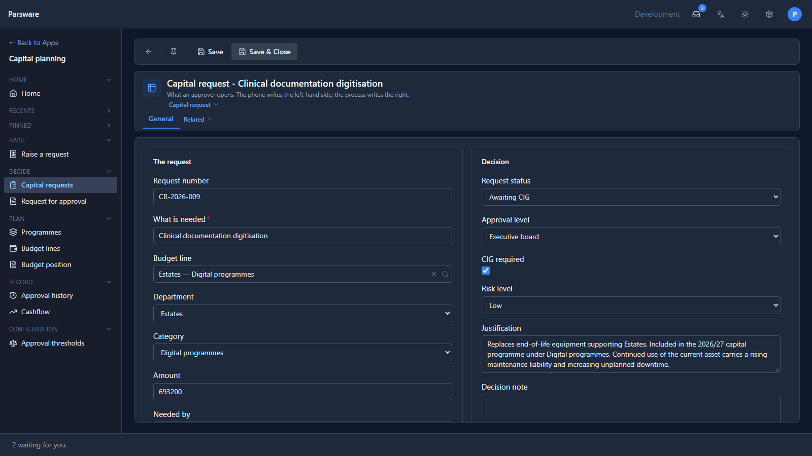 CR-2026-009, Clinical documentation digitisation: budget line Estates — Digital programmes, amount 693200 on the left; Request status Awaiting CIG, Approval level Executive board and CIG required ticked on the right