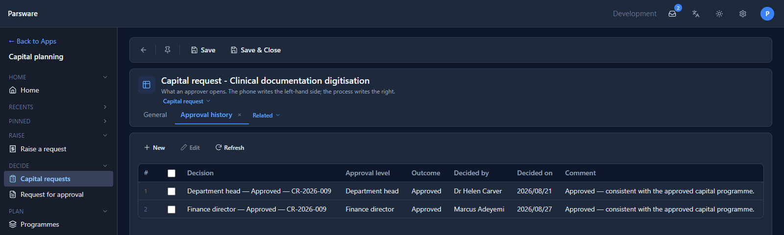 The Approval history tab: Department head approved by Dr Helen Carver on 2026/08/21, and Finance director approved by Marcus Adeyemi on 2026/08/27