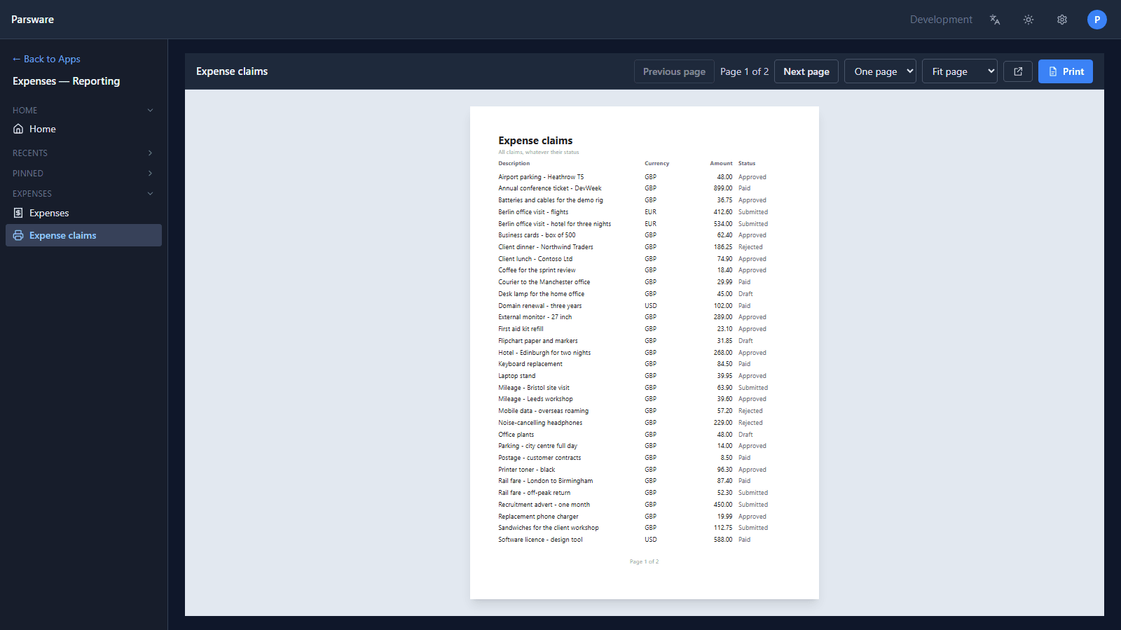 The Expense claims report in the Expenses — Reporting app: a white A4 page with a title, All claims, whatever their status, and columns Description, Currency, Amount and Status; the viewer reads Page 1 of 2, One page, Fit page and Print