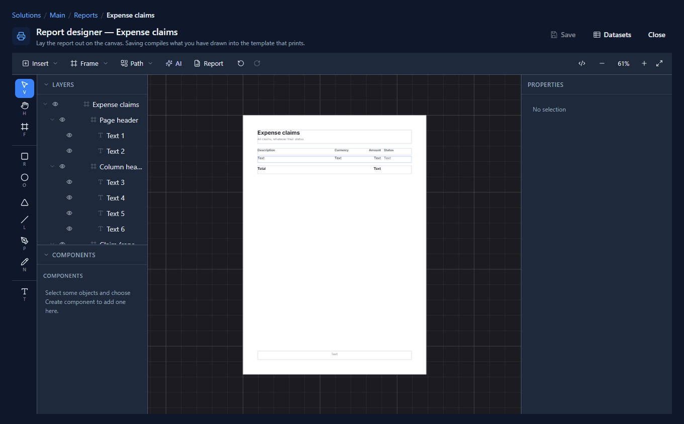 The report designer for Expense claims: the layers list with Page header, Column headings, Claim (repeater), Total and Page footer, and the page on the canvas with its bands drawn
