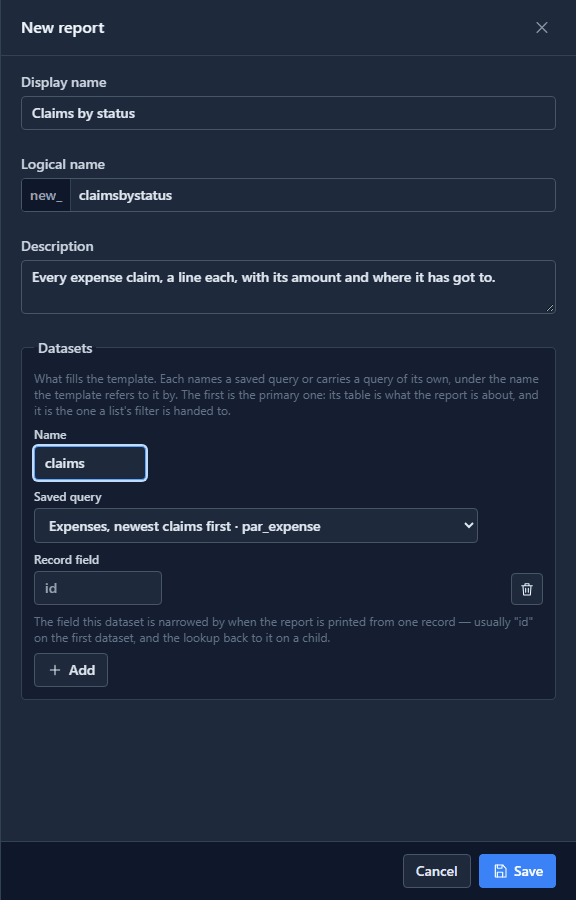 The New report drawer: Display name Claims by status, logical name new_claimsbystatus, a description, and one dataset named claims whose saved query is Expenses, newest claims first · par_expense, with Record field id