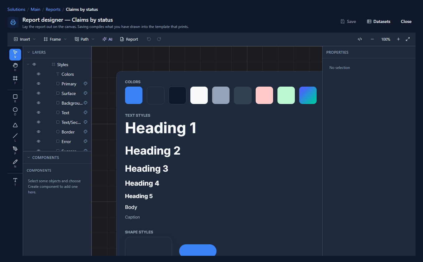 The report designer for Claims by status, with the Styles board on the canvas: colours, Heading 1 to 5, Body and Caption