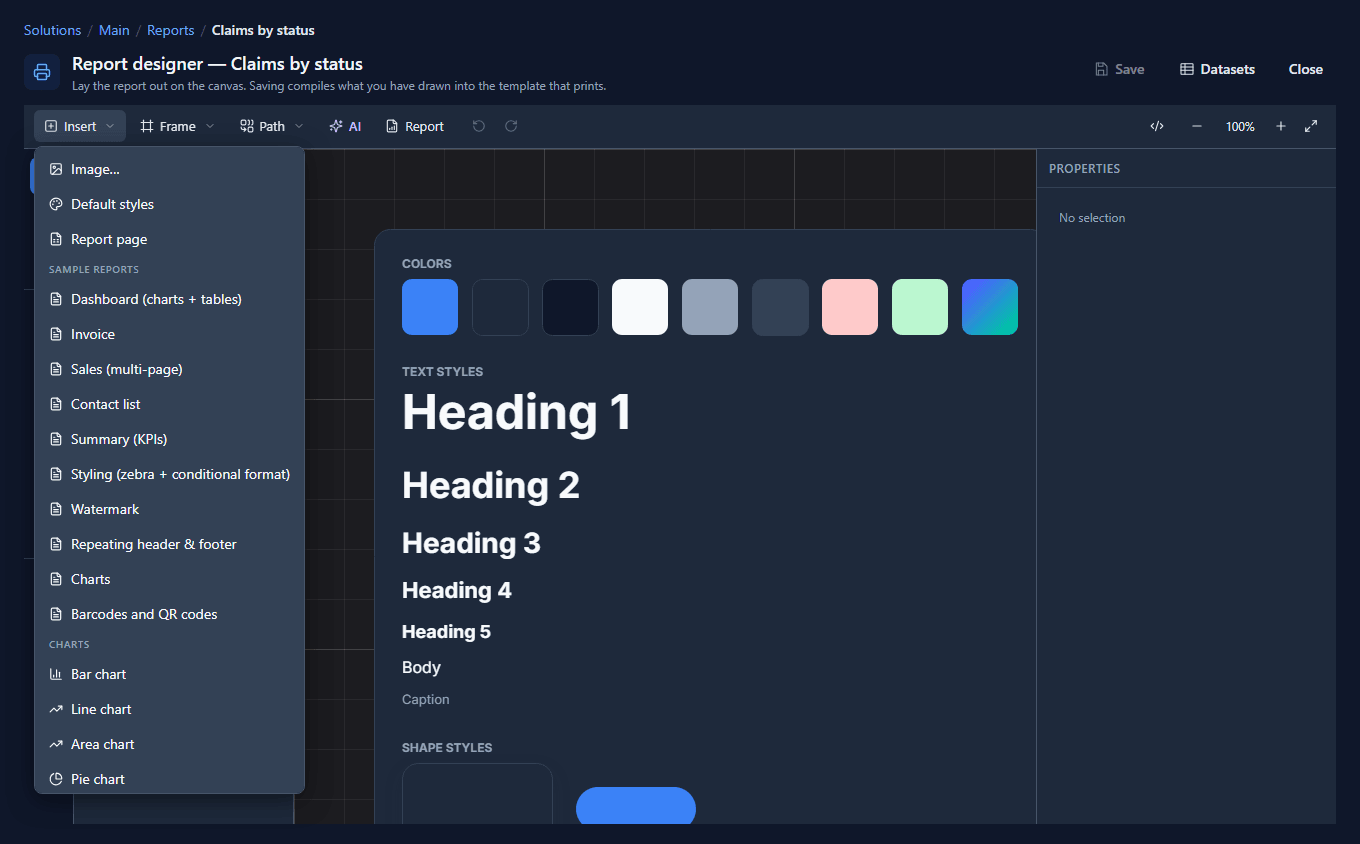The Insert menu: Image, Default styles, Report page, then sample reports from Dashboard to Barcodes and QR codes, then charts, Barcode and QR code