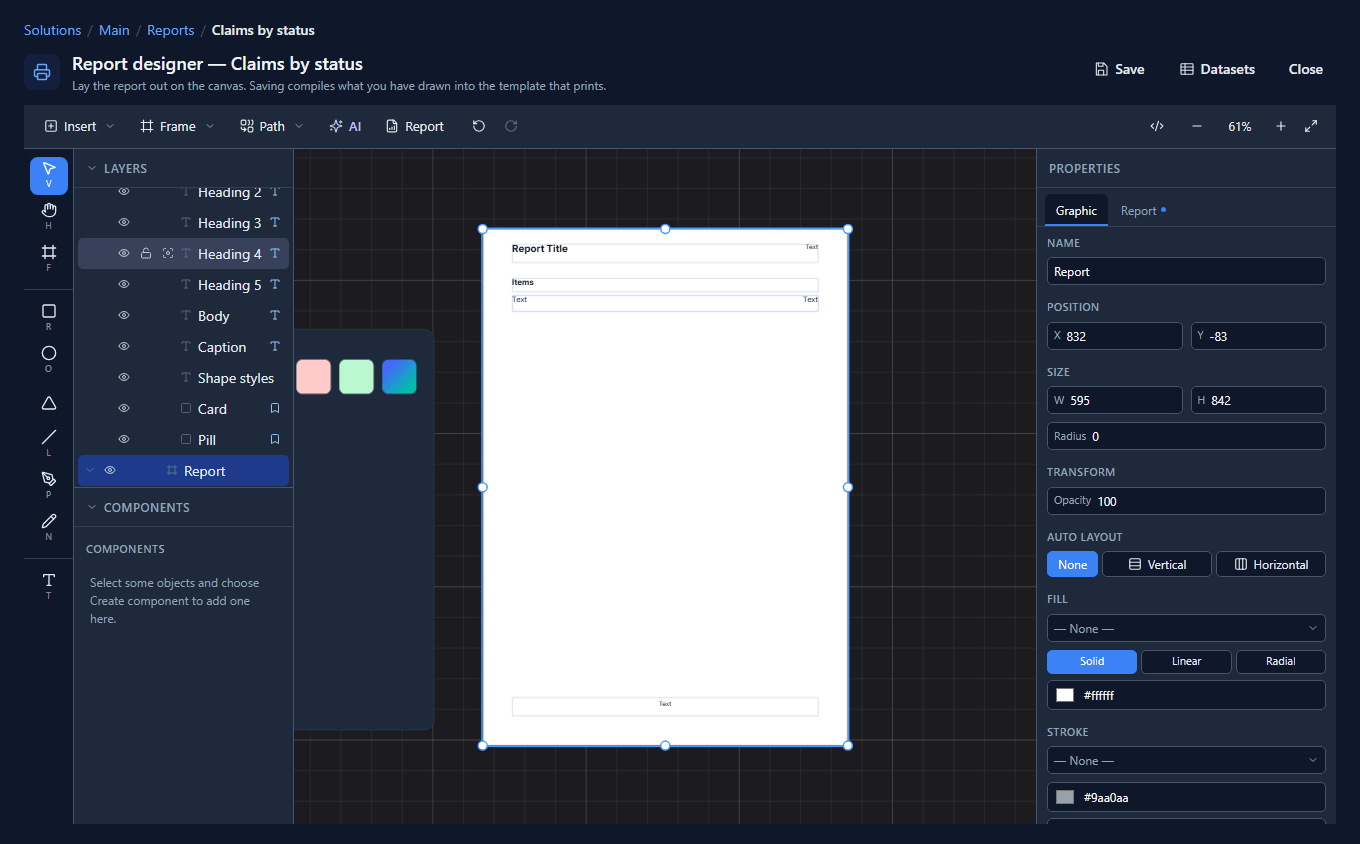 The new page: Report Title and a page number in the header, Items, a row with two Text cells, and a footer; the layers list shows Page header, Body title, Row (repeater) and Page footer