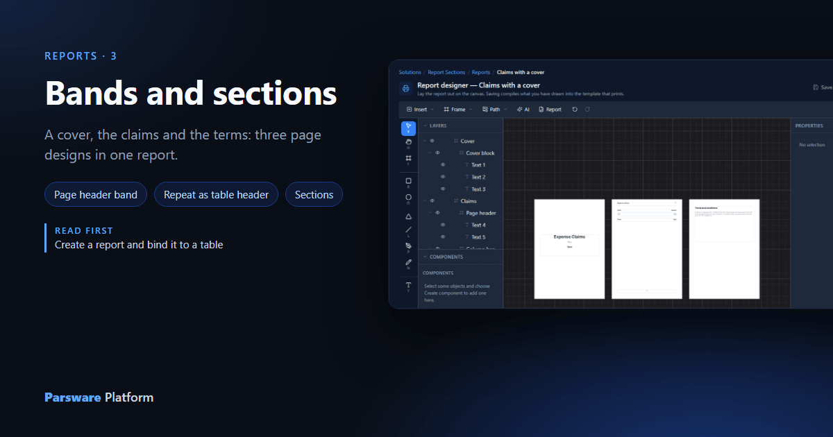 The report designer with three page frames side by side, a cover, the claims and the terms, next to the title "Bands and sections"