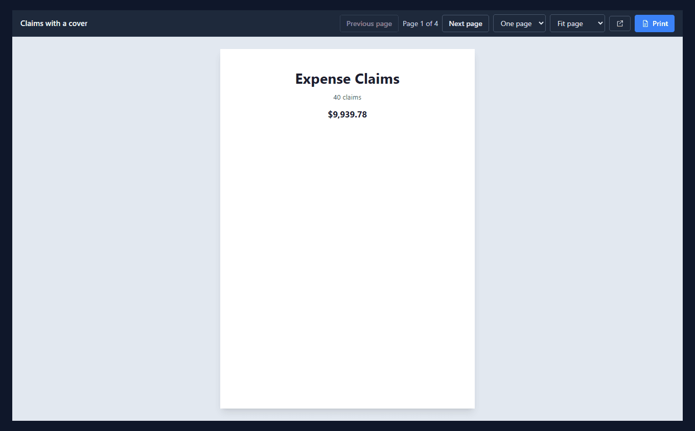 The report viewer on page 1 of 4: Expense Claims, 40 claims, $9,939.78, centred on an otherwise empty sheet with no header or footer