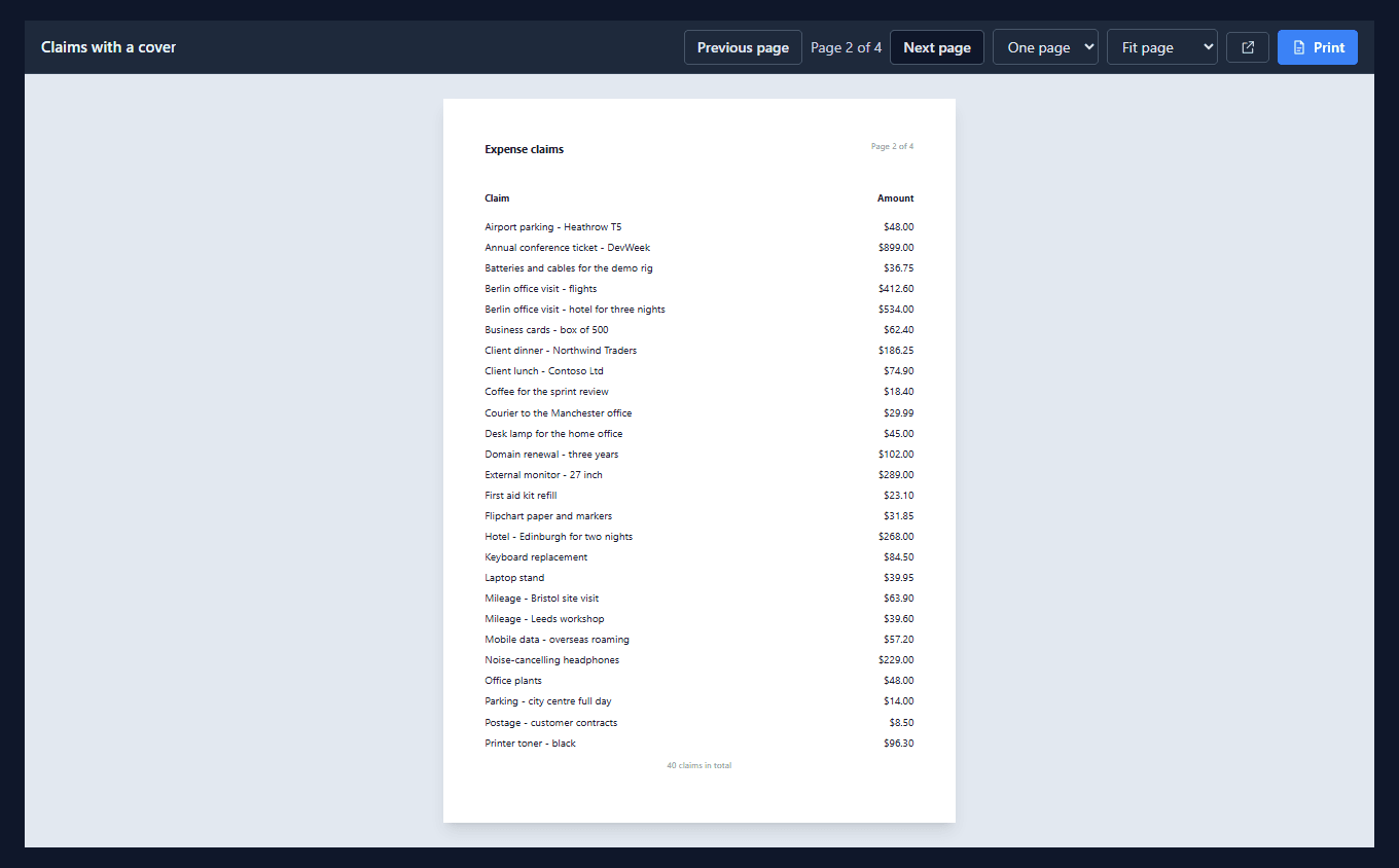Page 2 of 4: the Expense claims header, Claim and Amount headings, twenty-six claims from Airport parking to Printer toner, and "40 claims in total" at the foot