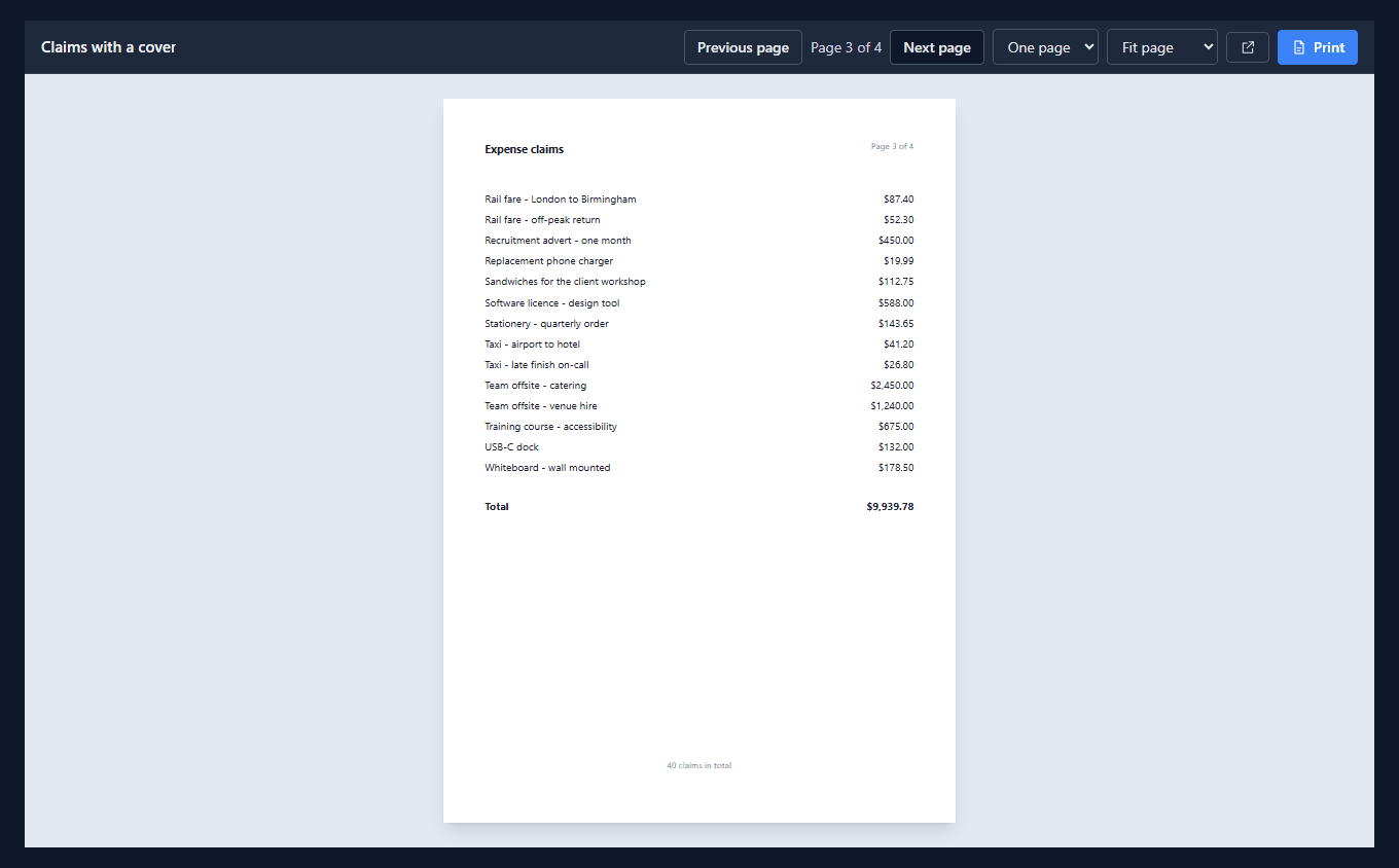 Page 3 of 4: the header again, the rest of the claims from Rail fare to Whiteboard, Total $9,939.78, and the same footer