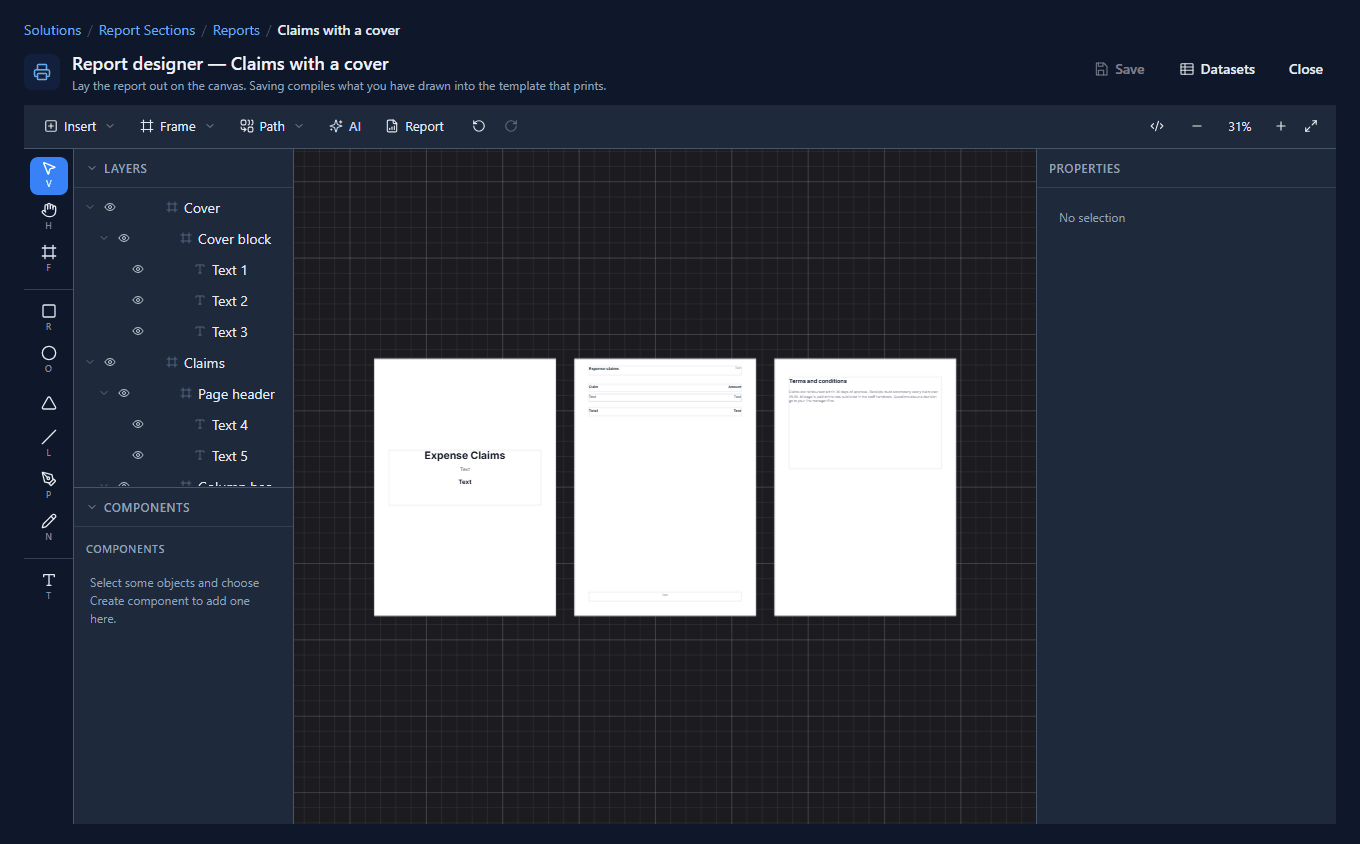 The report designer with three page frames: the cover, the claims with its bands outlined, and the terms