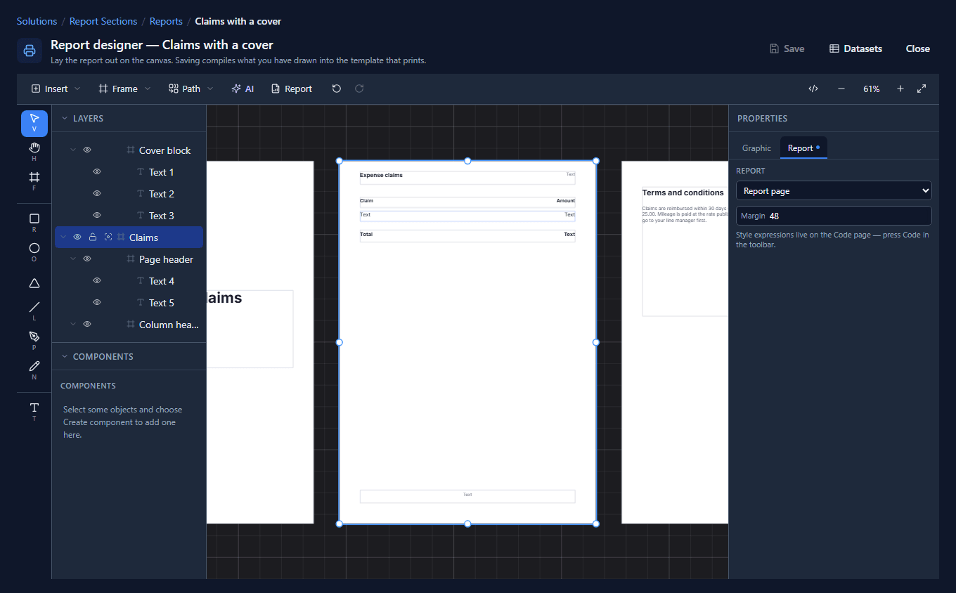 The claims frame selected, with its bands outlined from the header down to the footer, and Report page and Margin 48 on the Report tab