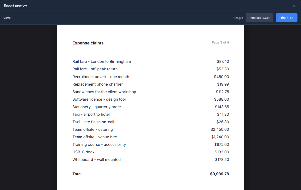 The preview of page 3 of 4: the header, then claims from Rail fare down, with no column headings above them