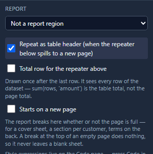 The Report tab for Column headings: Not a report region, with Repeat as table header ticked
