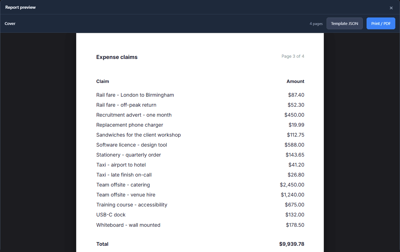 The preview of page 3 of 4, now with Claim and Amount above the rows