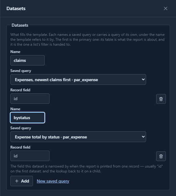 The Datasets drawer: claims on Expenses, newest claims first, and bystatus on Expense total by status · par_expense