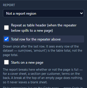 The Report tab for the new band: Not a report region, with Total row for the repeater above ticked