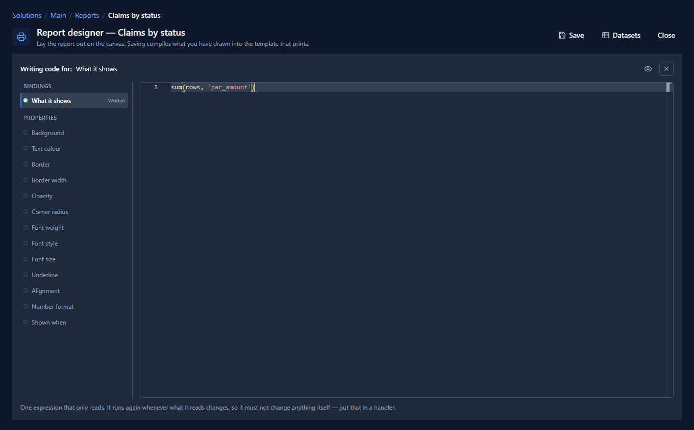 The Code page for the total's amount: What it shows, Written, with sum(rows, 'par_amount') in the editor