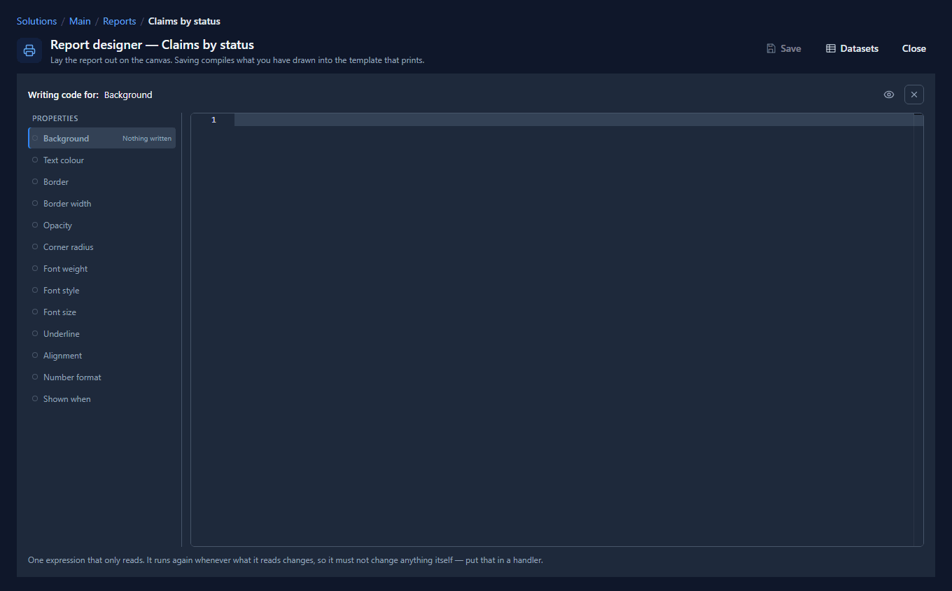 The Code page for the claims row: Properties from Background to Shown when, all empty