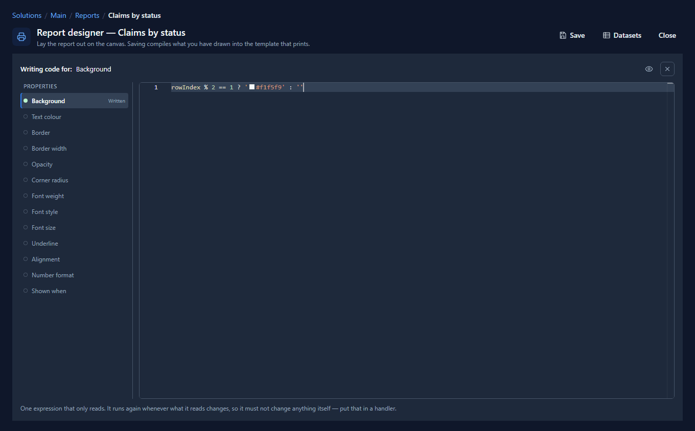 The Code page with Background written: rowIndex % 2 == 1 ? '#f1f5f9' : ''