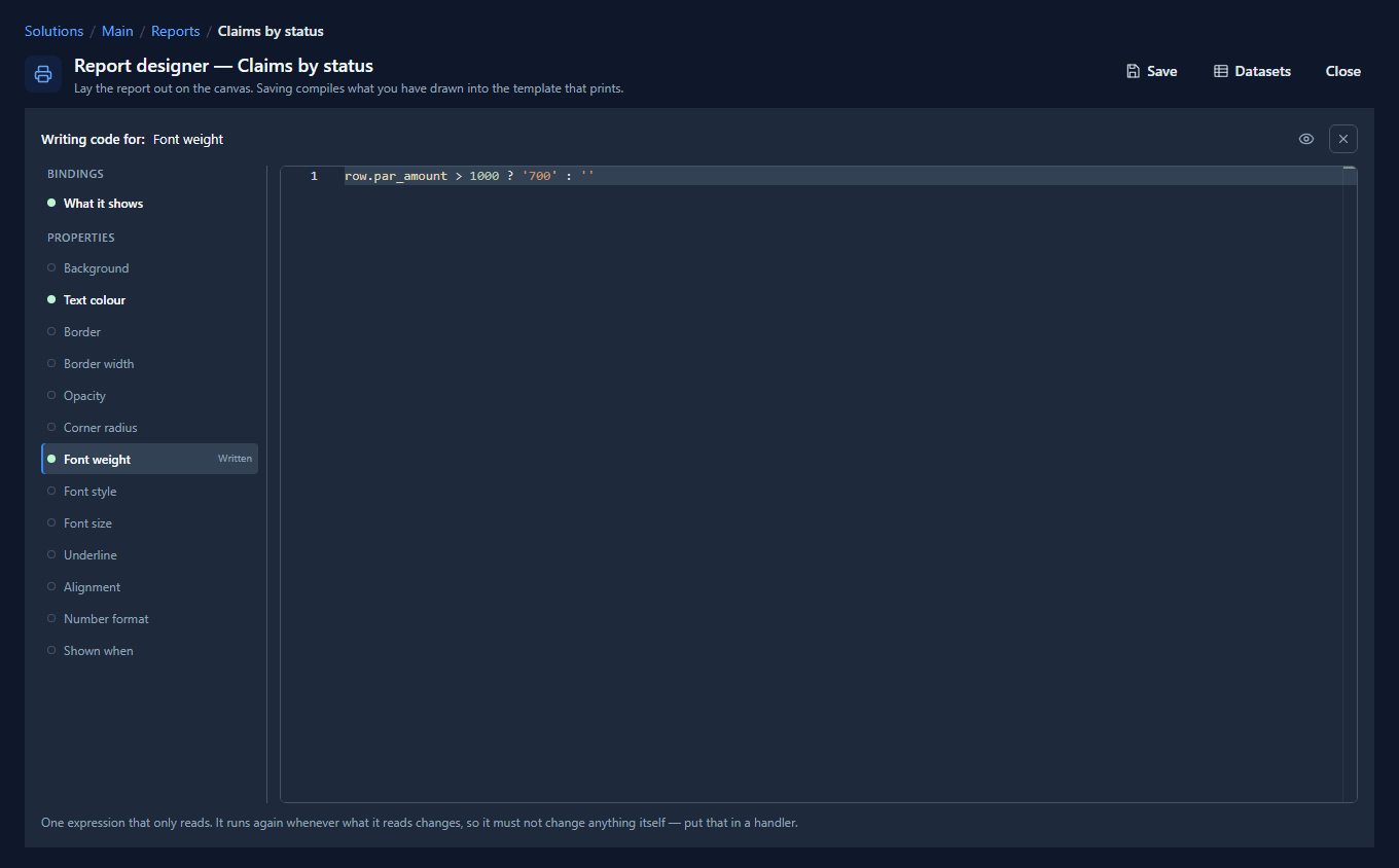 The Code page for the amount: Text colour and Font weight Written, with row.par_amount > 1000 ? '700' : '' in the editor