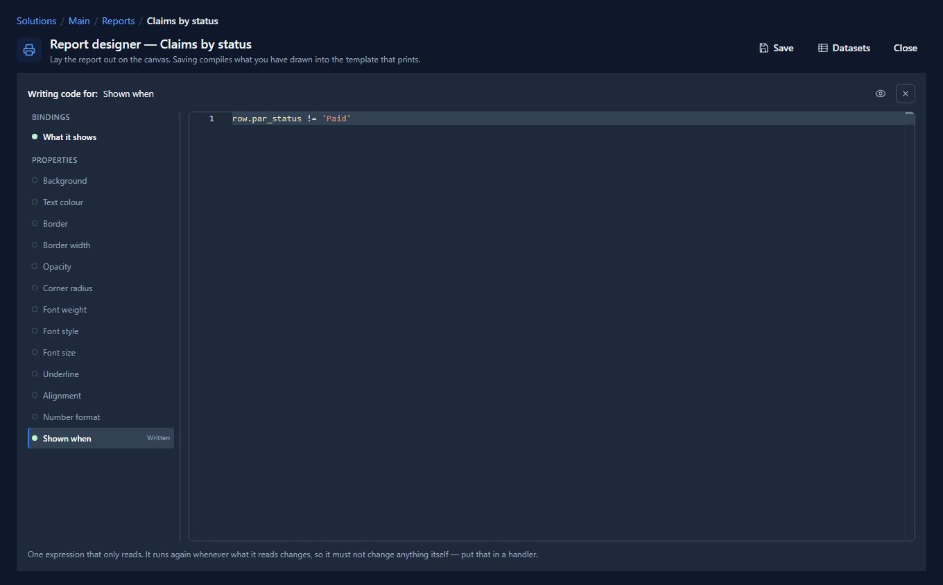The Code page for the status text: Shown when, row.par_status != 'Paid'