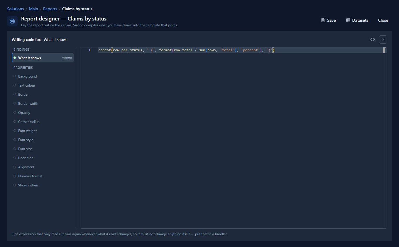 The Code page for the group's status: concat(row.par_status, ' (', format(row.total / sum(rows, 'total'), 'percent'), ')')