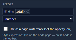The Report tab: Binding total, and the Format picker on number