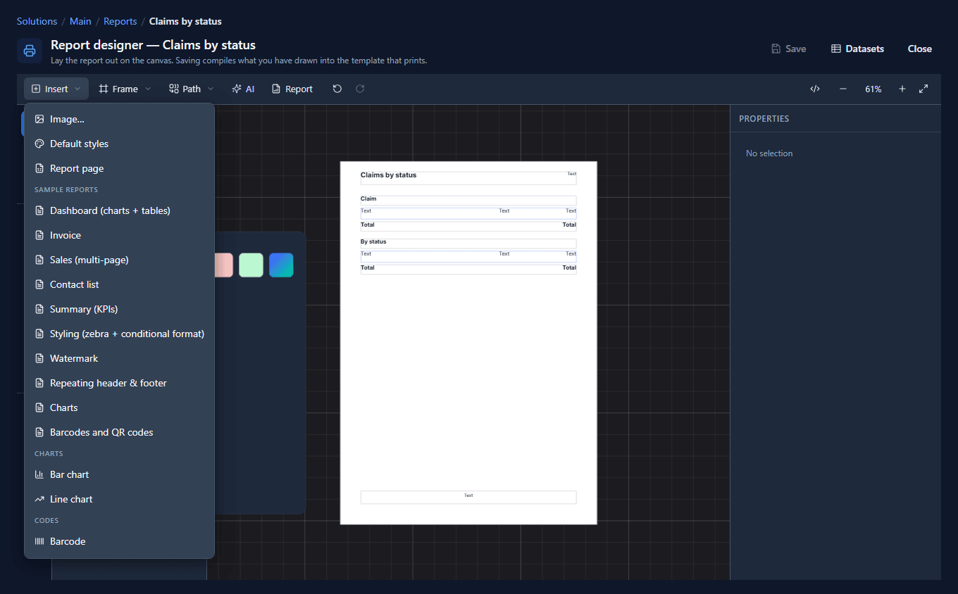 The Insert menu on a report: Image, Default styles, Report page, the sample reports, then Charts with Bar chart and Line chart, and Codes