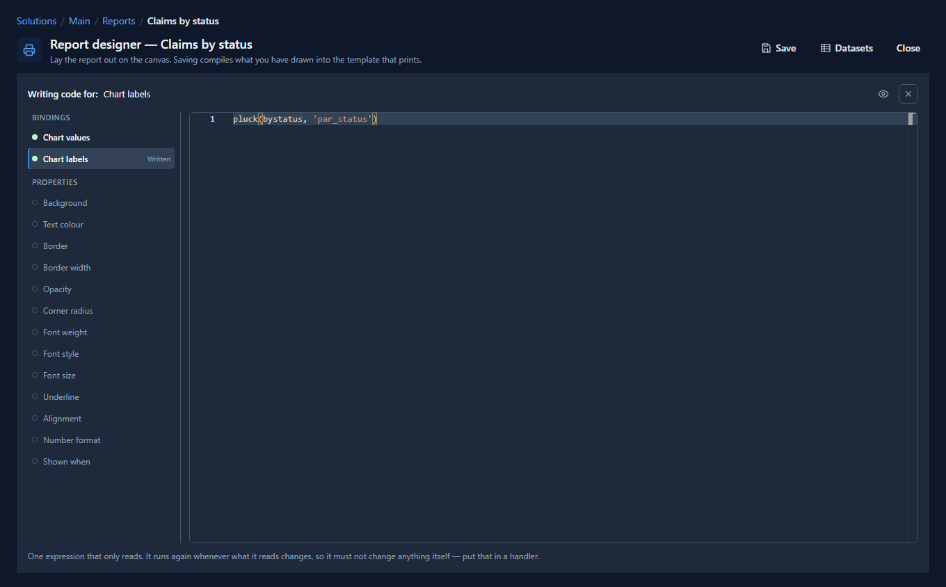 The Code page for the chart: Chart labels Written, with pluck(bystatus, 'par_status')