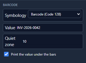 The Report tab for the barcode: Symbology Barcode (Code 128), Value INV-2026-0042, Quiet zone 10, and Print the value under the bars ticked