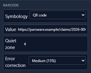 The Report tab for the QR code: Symbology QR code, Value, Quiet zone 4, and Error correction with Low, Medium, Quartile and High