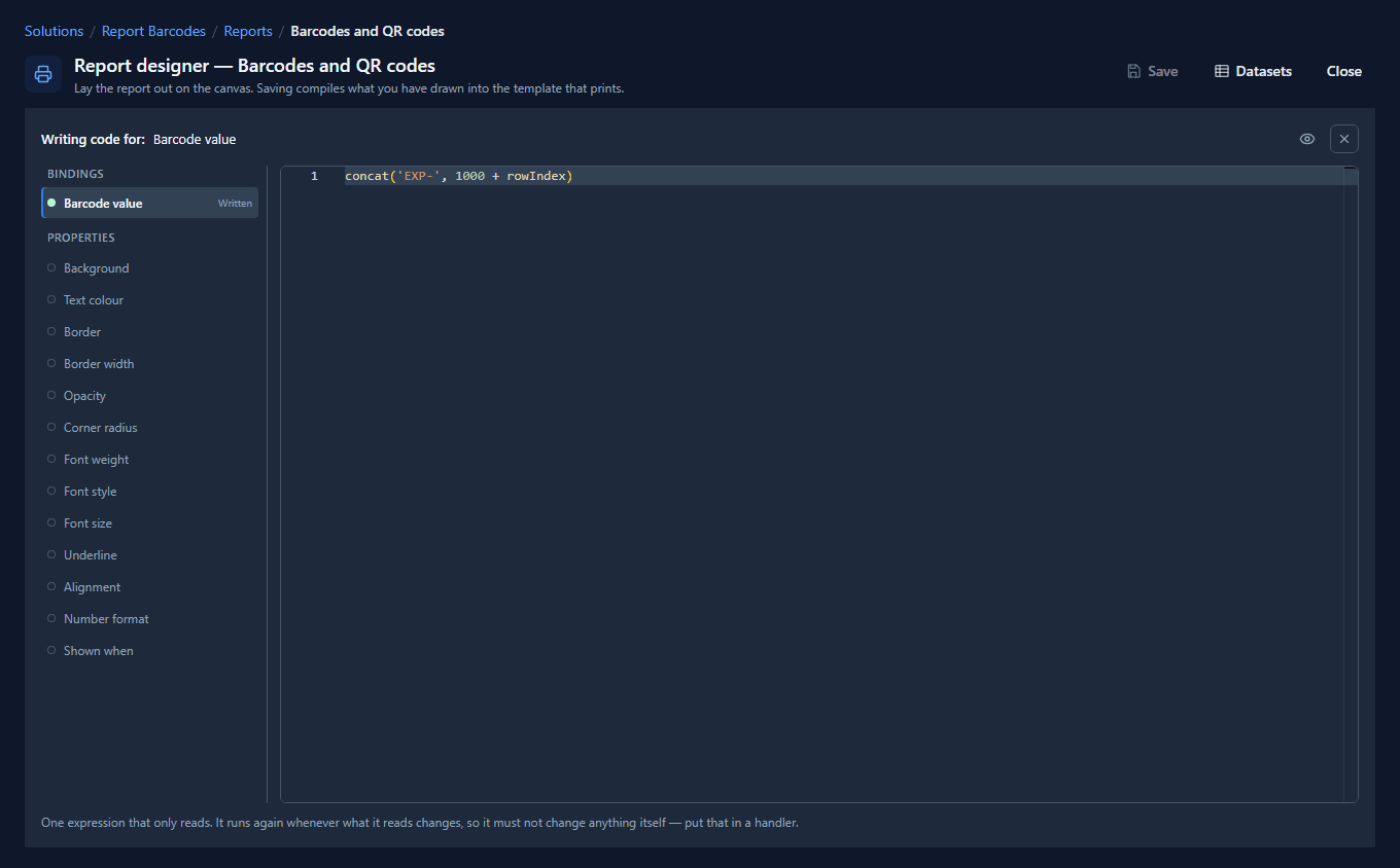 The Code page for the row's barcode: Barcode value Written, with concat('EXP-', 1000 + rowIndex) in the editor