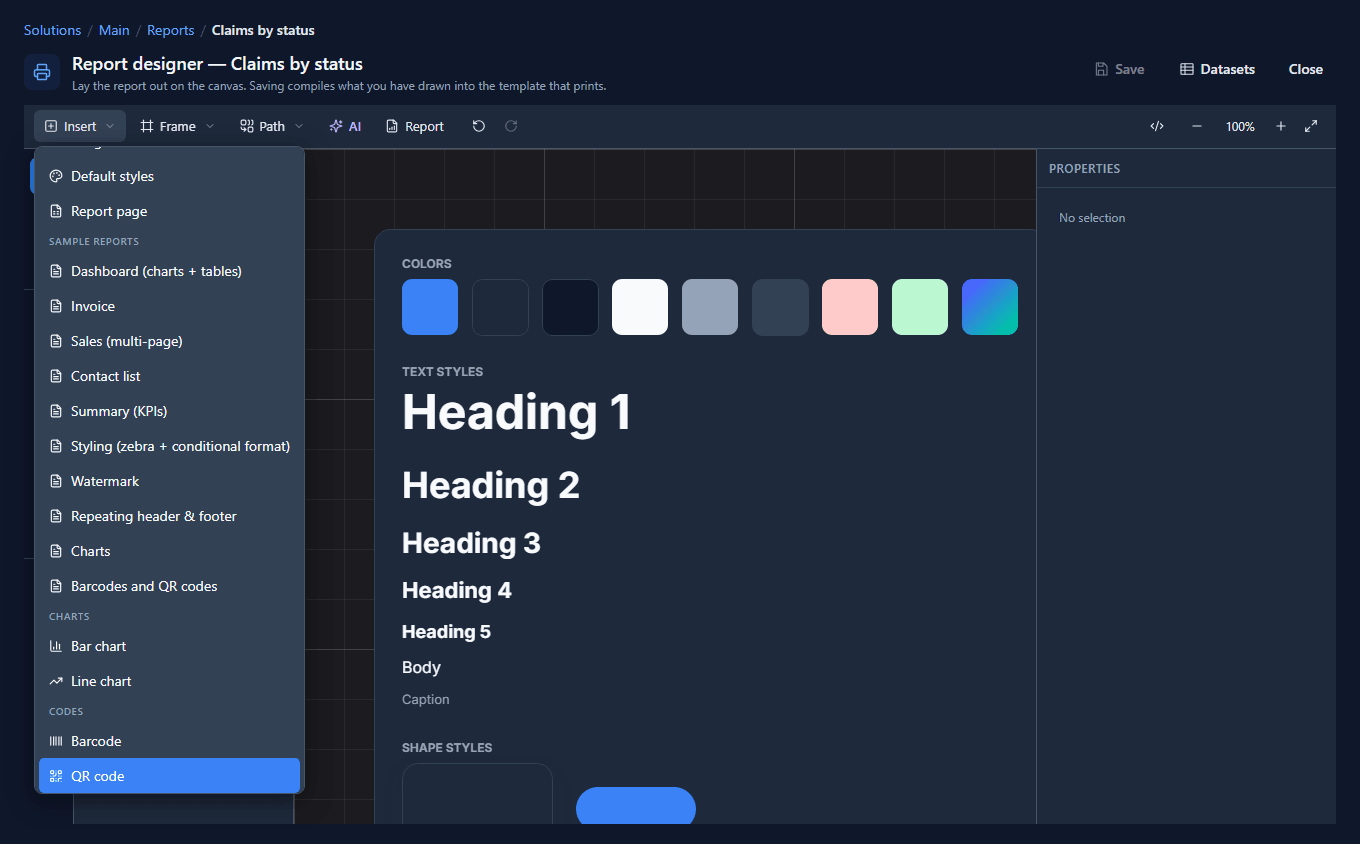 The Insert menu on a report, scrolled to the end: Charts with Bar chart and Line chart, then Codes with Barcode and QR code