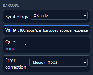 The QR code's Report tab: Symbology QR code, Value ending in /apps/par_barcodes_app/par_expense, Quiet zone 4, Error correction Medium
