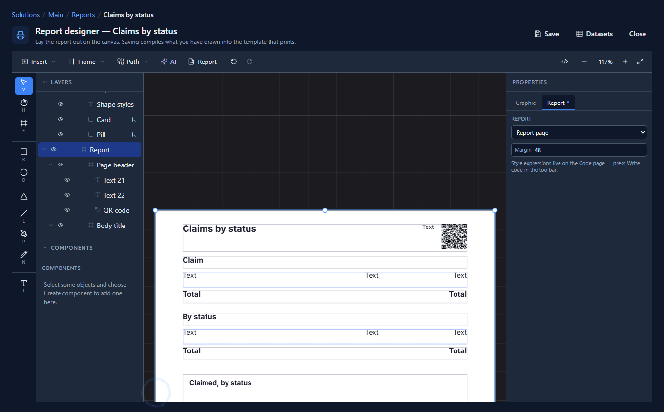 The report on the canvas: the QR code in the page header's right-hand corner, next to the page number