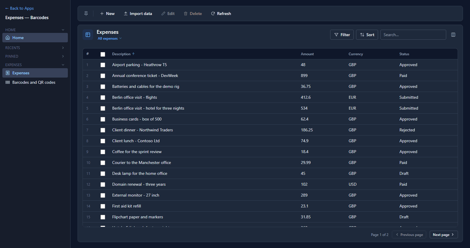 The Expenses list in the Shell, showing every claim with its amount, currency and status