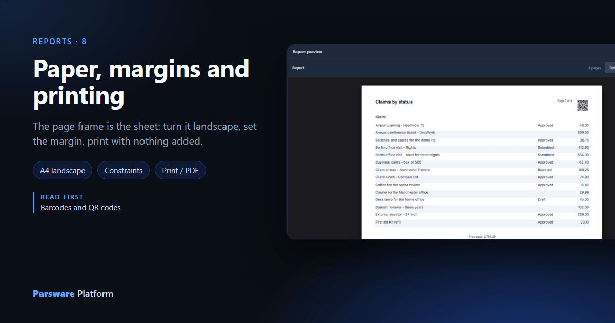 Claims by status previewed on A4 landscape, the claims running across the full width of the sheet, next to the title "Paper, margins and printing"