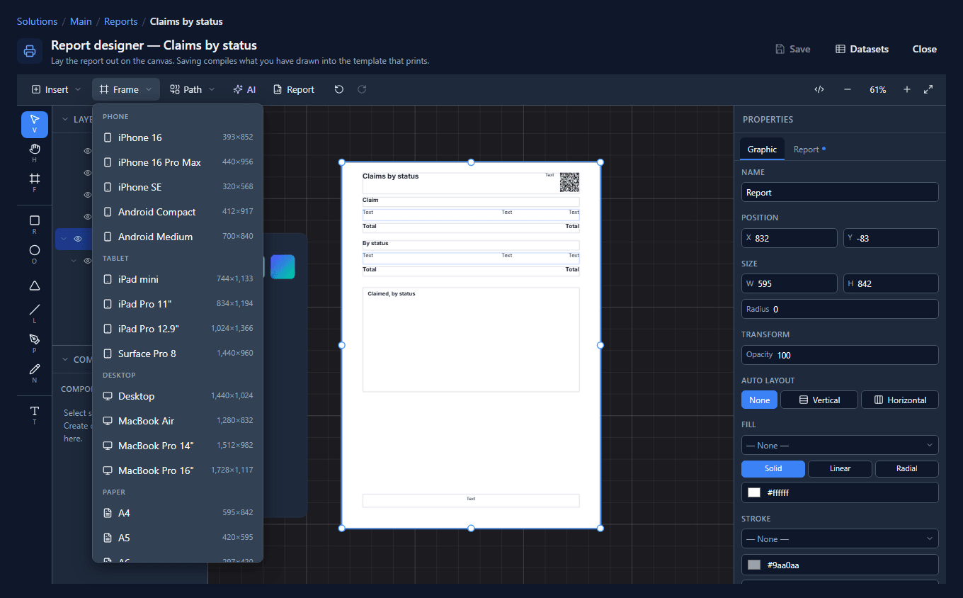 The Frame menu open, with phone, tablet and desktop sizes, then Paper: A4 595×842 and A5 420×595
