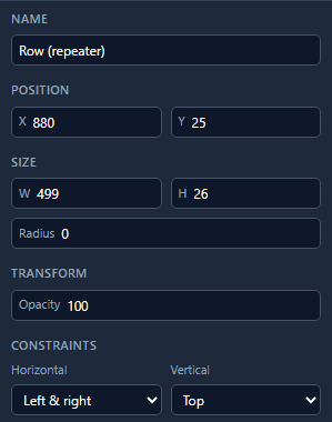 The Graphic tab for Row (repeater): Constraints, Horizontal Left & right, Vertical Top