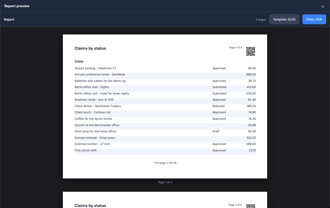 The preview of page 1 of 4 in landscape: the claims across the whole sheet, status and amount at the right