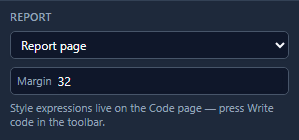 The page's Report tab: Report page, Margin 32