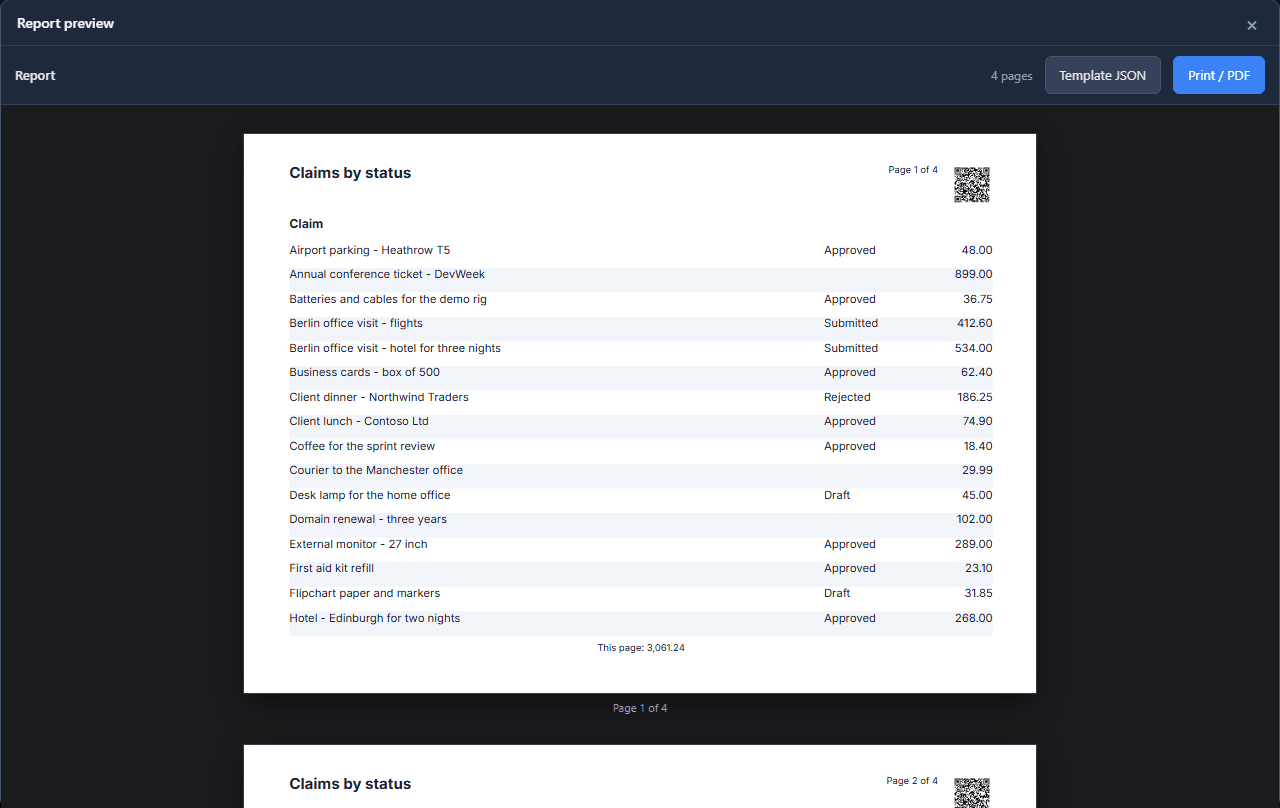 The preview at margin 32: the header closer to the top of the sheet and sixteen claims before the page total