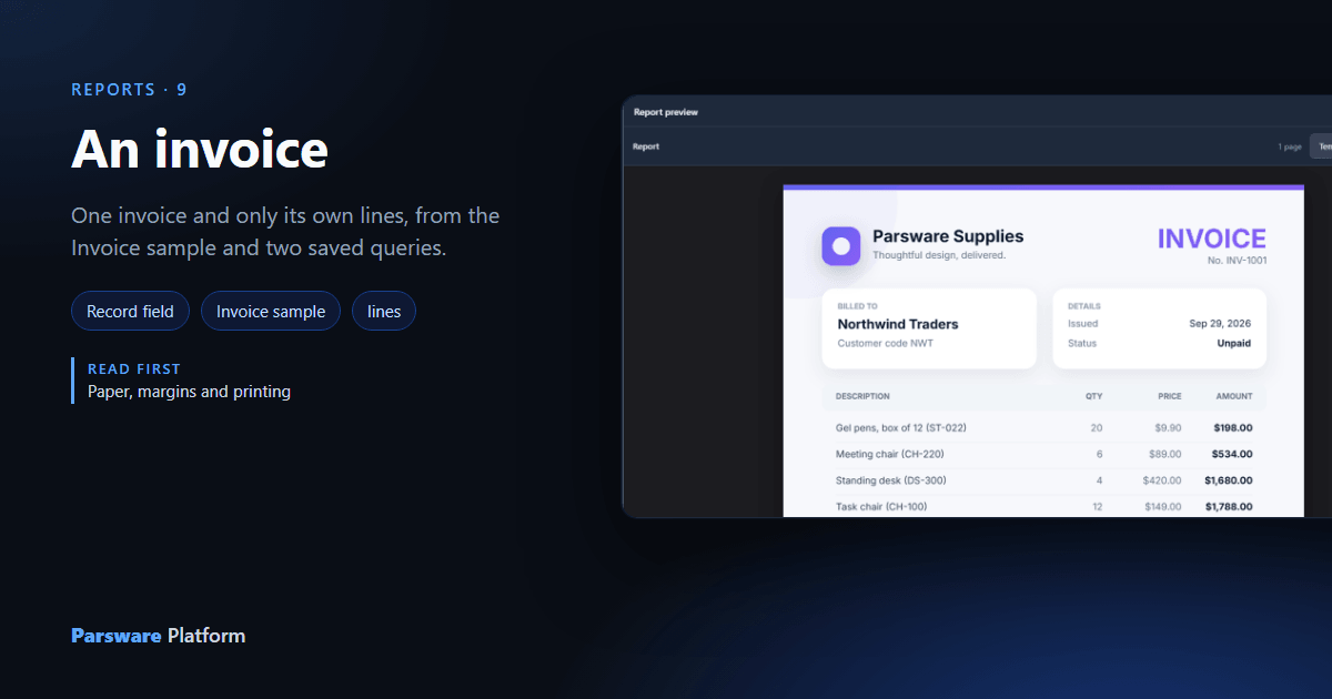 An invoice in the report preview: Parsware Supplies, invoice INV-1001 billed to Northwind Traders, four lines and a total due of $4,200.00, next to the title "An invoice"