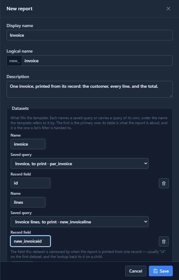 The New report panel: Display name Invoice; dataset invoice with saved query Invoice, to print and record field id; dataset lines with saved query Invoice lines, to print and record field new_invoiceid