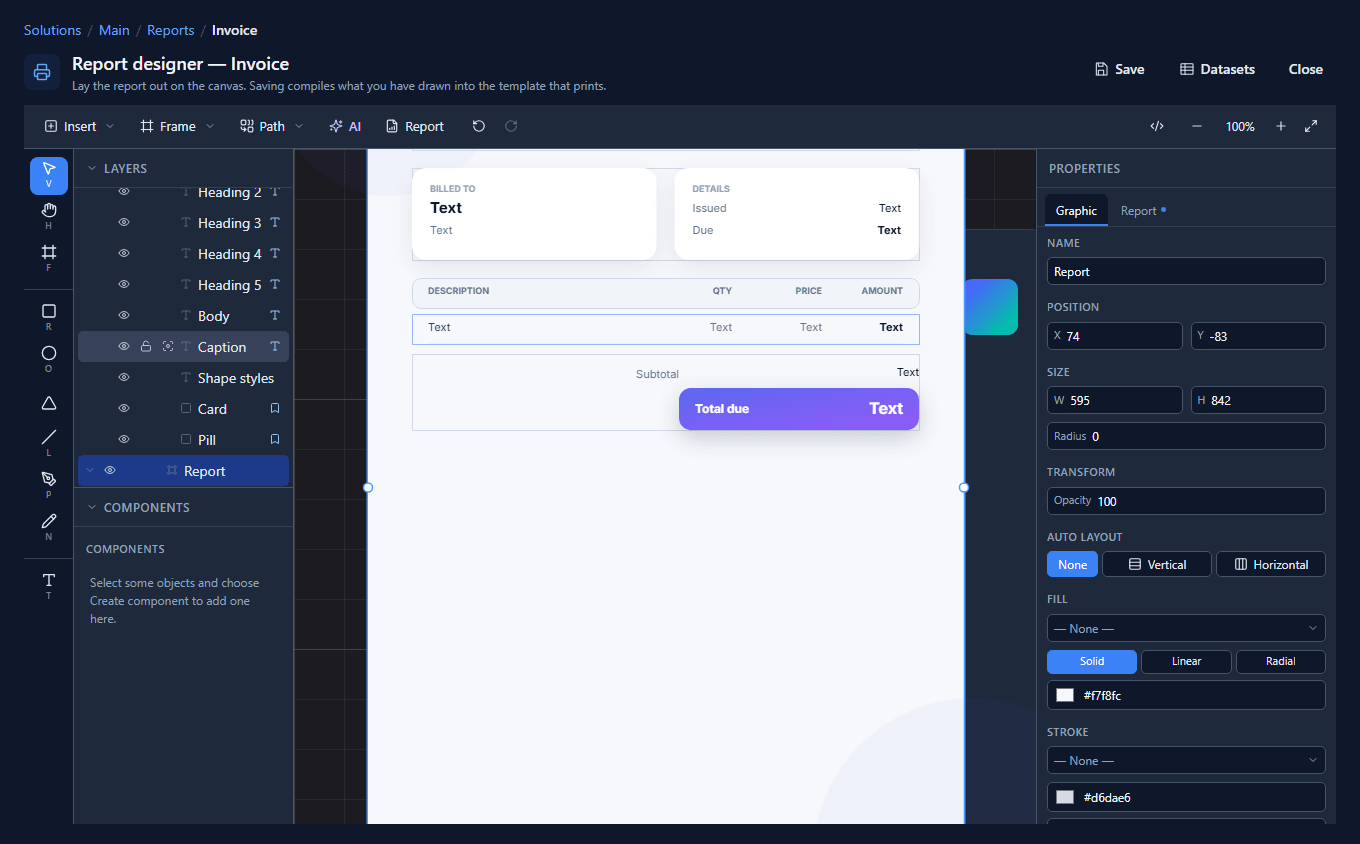 The Invoice sample on the canvas: Billed to and Details cards showing Text, a Description, Qty, Price and Amount table with one row of Text, and a Total due box