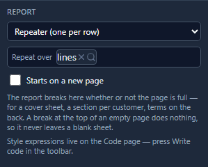 The Report tab for Item row: Repeater (one per row), Repeat over lines
