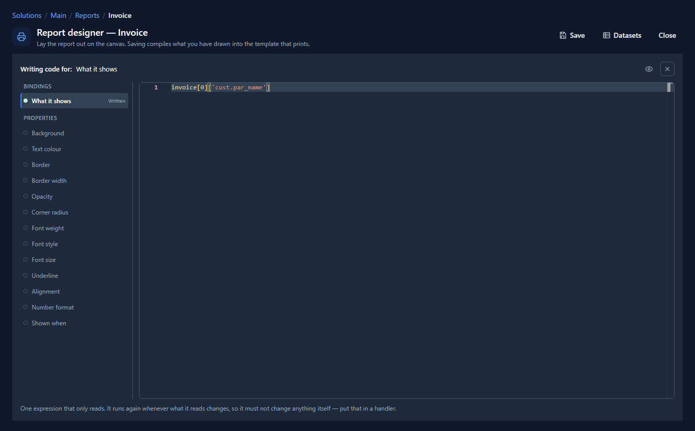 The Code page for the customer's name: What it shows, Written, with invoice[0]['cust.par_name']