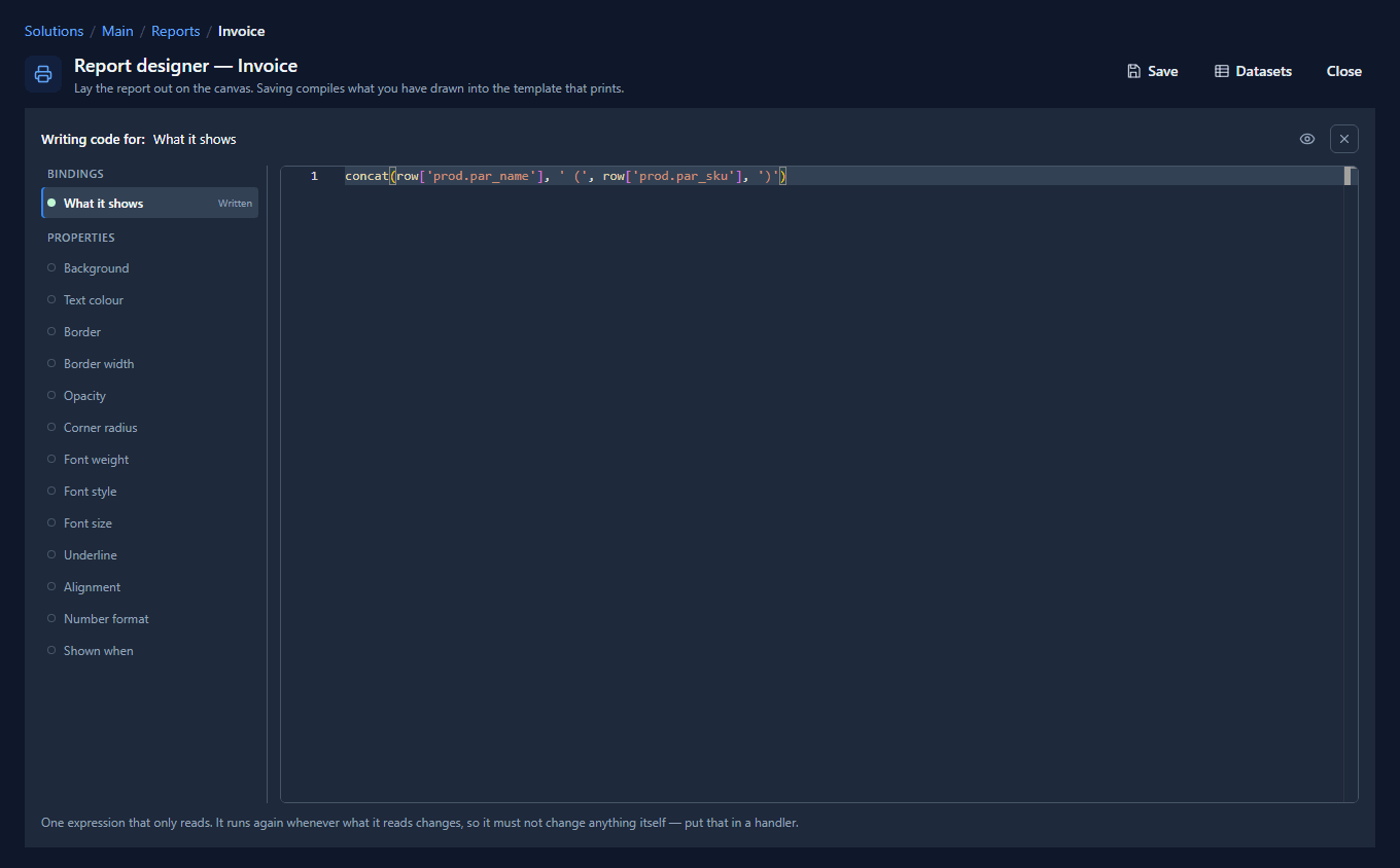 The Code page for a line's description: concat(row['prod.par_name'], ' (', row['prod.par_sku'], ')')