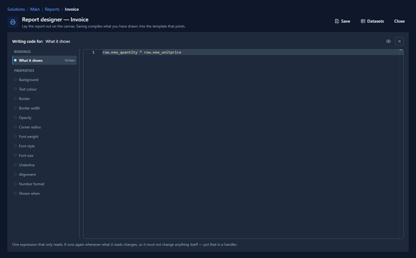 The Code page for a line's amount: row.new_quantity * row.new_unitprice