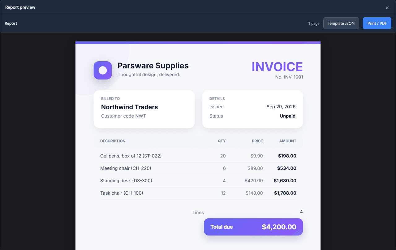 The preview: INVOICE No. INV-1001, billed to Northwind Traders, customer code NWT, issued Sep 29 2026, Unpaid, four lines from Gel pens to Task chair, Lines 4 and Total due $4,200.00