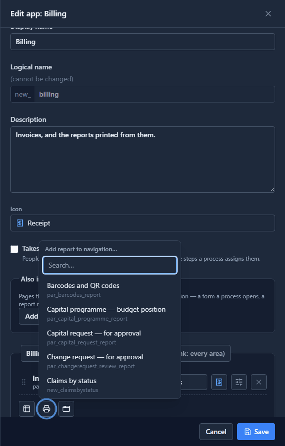 The Edit app panel for Billing, with the report picker open under the Billing group: Barcodes and QR codes, Capital programme, Change request, Claims by status, and more, each with its logical name